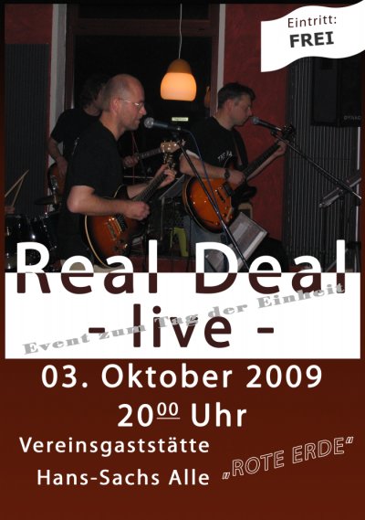 Plakat zur Live-Musik am Tag der der deutschen Einheit im Vereinslokal "Rote Erde"